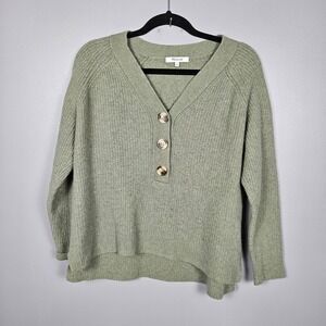Madewell Womens M Merino Wool Blend Henley Sweater Ribbed Knit Casual Sage Green